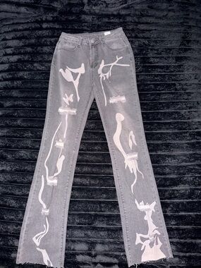 Gray Distressed Jeans with White Paint-Splash Accents